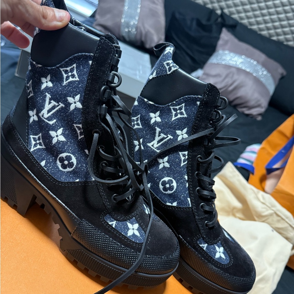 Louis Vuitton Black and White Lace Up Boots